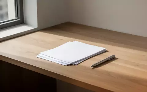Ein minimalistischer, moderner Arbeitsplatz mit einem Eichenholzschreibtisch, natürlichem Tageslicht und leeren Dokumenten. - Foto: über boerse-global.de