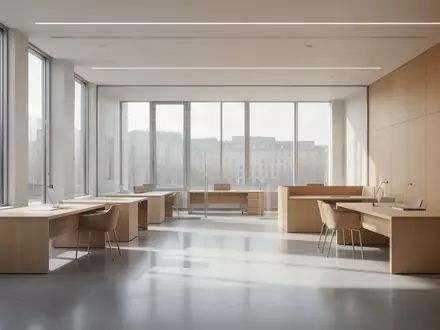 Ein minimalistisches, modernes Büro in einer öffentlichen Verwaltung mit klaren Linien und hellem Tageslicht. - Foto: über boerse-global.de