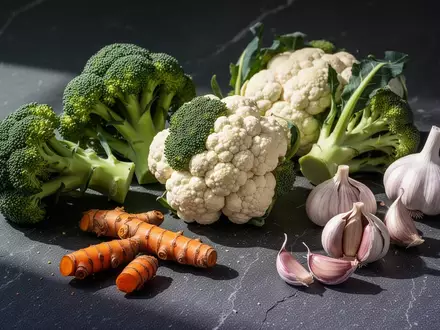 Frisches Gemüse wie Brokkoli, Blumenkohl, Kurkuma und Knoblauch als Symbol für eine unterstützende Ernährung. - Foto: über boerse-global.de