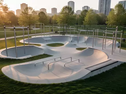 Ein moderner öffentlicher Sportpark mit Pumptrack und Calisthenics-Geräten in einer grünen Parkanlage. - Foto: über boerse-global.de
