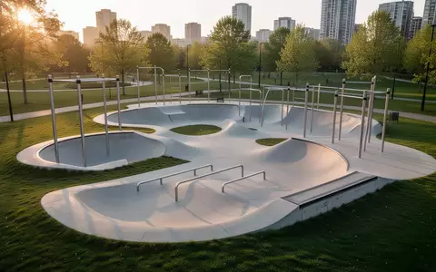 Ein moderner öffentlicher Sportpark mit Pumptrack und Calisthenics-Geräten in einer grünen Parkanlage. - Foto: über boerse-global.de