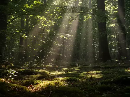 Durch Blätter fallendes Sonnenlicht auf einem moosbewachsenen Waldboden. - Foto: über boerse-global.de