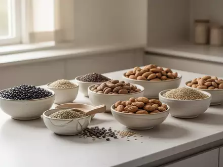 Verschiedene naturbelassene, proteinreiche Lebensmittel wie Hülsenfrüchte und Nüsse in einer hellen, minimalistischen Küche. - Foto: über boerse-global.de