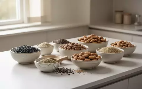 Verschiedene naturbelassene, proteinreiche Lebensmittel wie Hülsenfrüchte und Nüsse in einer hellen, minimalistischen Küche. - Foto: über boerse-global.de