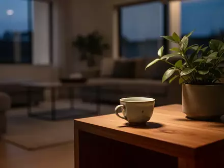 Ein ruhiger, minimalistisch eingerichteter Wohnbereich bei Dämmerlicht mit einer Teetasse auf einem Holztisch. - Foto: über boerse-global.de