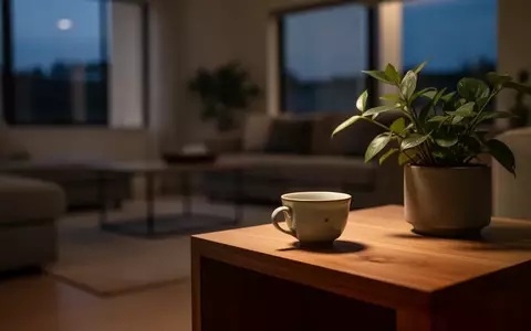 Ein ruhiger, minimalistisch eingerichteter Wohnbereich bei Dämmerlicht mit einer Teetasse auf einem Holztisch. - Foto: über boerse-global.de