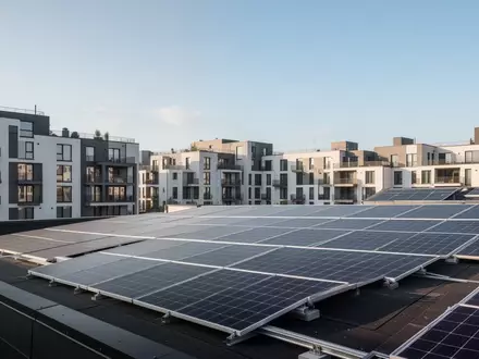 Moderne Solaranlage auf dem Dach eines Wohngebäudes bei Tageslicht. - Foto: über boerse-global.de