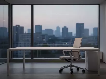 Ein minimalistischer, leerer Büroraum in der Dämmerung mit einem aufgeräumten Schreibtisch und einem ergonomischen Stuhl. - Foto: über boerse-global.de