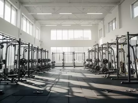 Ein leerer, heller Fitnessraum mit professionellen Kraftgeräten und Bodenmatten in einer modernen Trainingshalle. - Foto: über boerse-global.de