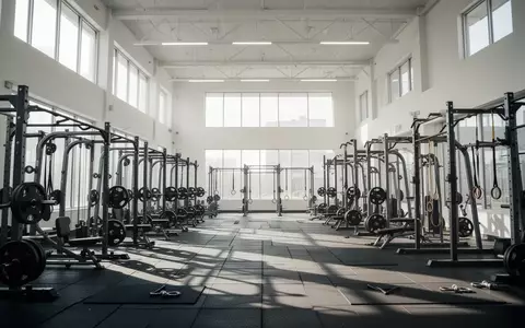 Ein leerer, heller Fitnessraum mit professionellen Kraftgeräten und Bodenmatten in einer modernen Trainingshalle. - Foto: über boerse-global.de