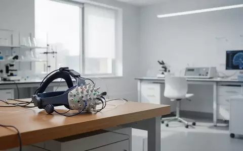 Ein minimalistisches Labor mit einem EEG-Gerät auf einem Holztisch in einem hellen, ruhigen Forschungsraum. - Foto: über boerse-global.de