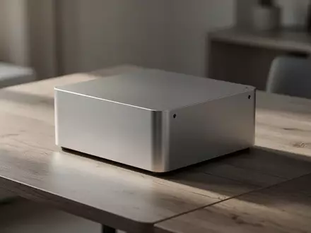 Ein minimalistischer Arbeitsplatz mit einem metallischen Speichermedium auf einem hölzernen Schreibtisch bei natürlichem Licht. - Foto: über boerse-global.de