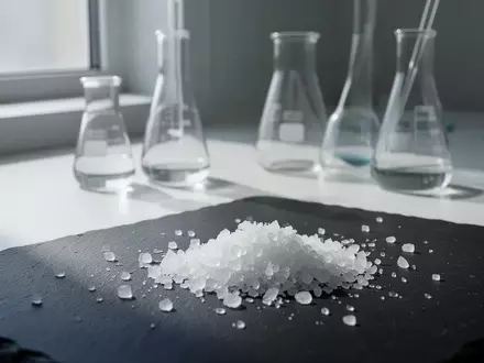 Nahaufnahme von grobkörnigem Meersalz auf einer dunklen Schieferplatte in einem wissenschaftlichen Laborumfeld. - Foto: über boerse-global.de