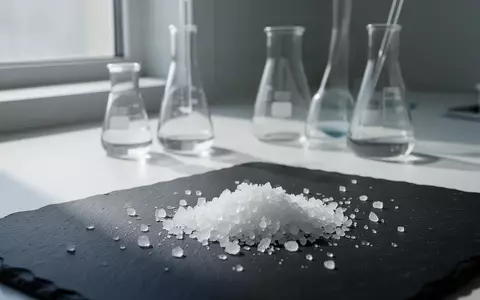 Nahaufnahme von grobkörnigem Meersalz auf einer dunklen Schieferplatte in einem wissenschaftlichen Laborumfeld. - Foto: über boerse-global.de