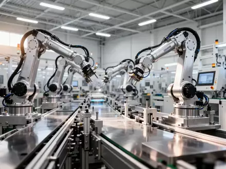 Moderne, automatisierte Fertigungshalle einer industriellen Produktionsstätte mit präzisen Robotik-Komponenten. - Foto: über boerse-global.de