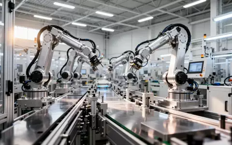 Moderne, automatisierte Fertigungshalle einer industriellen Produktionsstätte mit präzisen Robotik-Komponenten. - Foto: über boerse-global.de