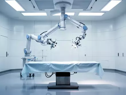 Ein steriler Operationssaal mit einem hochmodernen, von der Decke hängenden robotergestützten chirurgischen System. - Foto: über boerse-global.de