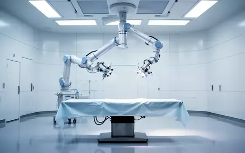 Ein steriler Operationssaal mit einem hochmodernen, von der Decke hängenden robotergestützten chirurgischen System. - Foto: über boerse-global.de