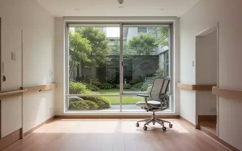 Ein heller, leerer Raum in einer Pflegeeinrichtung mit Blick in einen grünen Innenhof, minimalistisch und ruhig. - Foto: über boerse-global.de