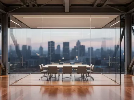 Ein minimalistischer, leerer Büro-Konferenzraum mit Blick auf eine Stadt bei Dämmerung, ohne Personen oder Technik. - Foto: über boerse-global.de