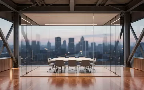 Ein minimalistischer, leerer Büro-Konferenzraum mit Blick auf eine Stadt bei Dämmerung, ohne Personen oder Technik. - Foto: über boerse-global.de