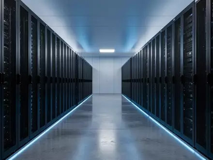 Reihen von leeren, dunklen Serverracks in einem modern beleuchteten Rechenzentrum. - Foto: über boerse-global.de