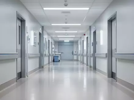 Ein steriler, moderner Krankenhausflur mit heller Beleuchtung und minimalistischer Architektur. - Foto: über boerse-global.de