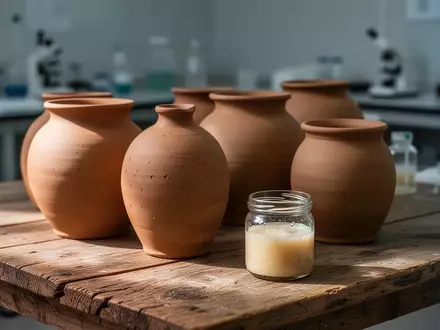 Tongefäße für Fermentationsprozesse auf einem Holztisch in einer Laborumgebung. - Foto: über boerse-global.de