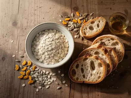 Eine Auswahl an ballaststoffreichen Lebensmitteln wie Haferflocken, Sauerteigbrot und Samen auf einem Holztisch. - Foto: über boerse-global.de