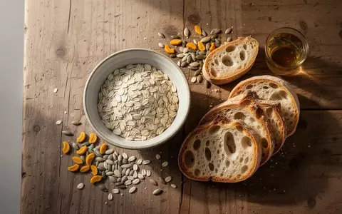 Eine Auswahl an ballaststoffreichen Lebensmitteln wie Haferflocken, Sauerteigbrot und Samen auf einem Holztisch. - Foto: über boerse-global.de