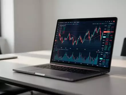 Ein moderner Schreibtisch mit einem Laptop, auf dem abstrakte Finanzmarktdaten visualisiert werden. - Foto: über boerse-global.de