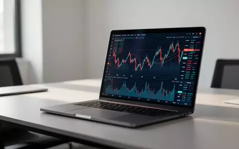 Ein moderner Schreibtisch mit einem Laptop, auf dem abstrakte Finanzmarktdaten visualisiert werden. - Foto: über boerse-global.de