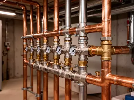 Ein Kupfer- und Stahlrohrsystem in einem Heizungskeller mit verschiedenen Ventilen und Anschlüssen. - Foto: über boerse-global.de