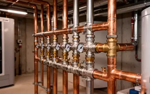 Ein Kupfer- und Stahlrohrsystem in einem Heizungskeller mit verschiedenen Ventilen und Anschlüssen. - Foto: über boerse-global.de