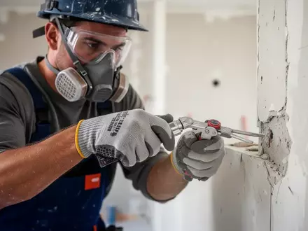 Handwerker in Schutzkleidung bei Renovierungsarbeiten auf einer Baustelle. - Foto: über boerse-global.de