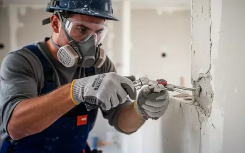 Handwerker in Schutzkleidung bei Renovierungsarbeiten auf einer Baustelle. - Foto: über boerse-global.de