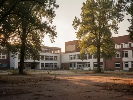 Blick auf das Gelände der ehemaligen Carl-von-Ossietzky-Schule in Wiesbaden mit Bestandsgebäuden und Bäumen. - Foto: über boerse-global.de