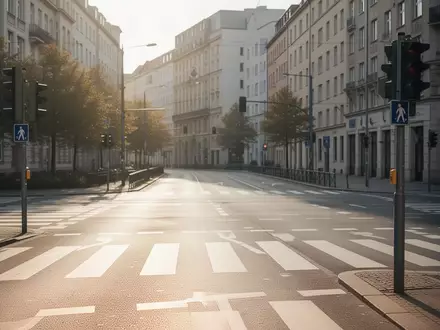 Ein sonniger, leerer Fußgängerüberweg im Berliner Stadtbild mit klaren Bodenmarkierungen und einer Ampel. - Foto: über boerse-global.de