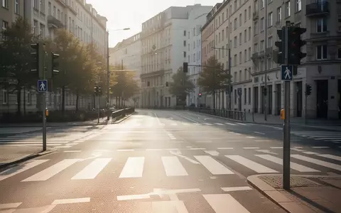 Ein sonniger, leerer Fußgängerüberweg im Berliner Stadtbild mit klaren Bodenmarkierungen und einer Ampel. - Foto: über boerse-global.de