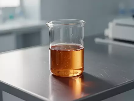 Ein steriles Glasröhrchen mit einer klaren, bernsteinfarbenen Flüssigkeit auf einer metallischen Laboroberfläche. - Foto: über boerse-global.de