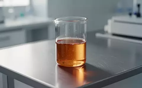 Ein steriles Glasröhrchen mit einer klaren, bernsteinfarbenen Flüssigkeit auf einer metallischen Laboroberfläche. - Foto: über boerse-global.de