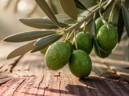 Frische grüne Oliven an einem Zweig im natürlichen Sonnenlicht. - Foto: über boerse-global.de