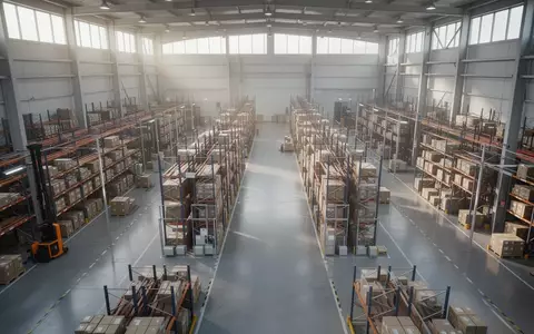 Weitläufige, modern gestaltete Industriehalle mit geordneten Logistikgängen und reflektierenden Betonböden. - Foto: über boerse-global.de