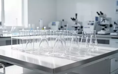Ein steriler, modern ausgestatteter medizinischer Forschungslaborraum mit Glasgefäßen auf einer sauberen Arbeitsfläche. - Foto: über boerse-global.de
