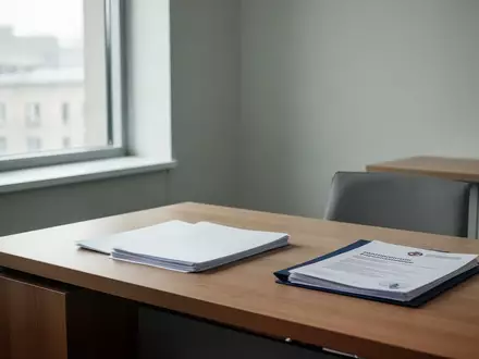 Ein minimalistisch eingerichtetes Büro in einem Universitätsklinikum mit einem leeren Schreibtisch und einer Patientenakte. - Foto: über boerse-global.de