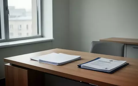 Ein minimalistisch eingerichtetes Büro in einem Universitätsklinikum mit einem leeren Schreibtisch und einer Patientenakte. - Foto: über boerse-global.de