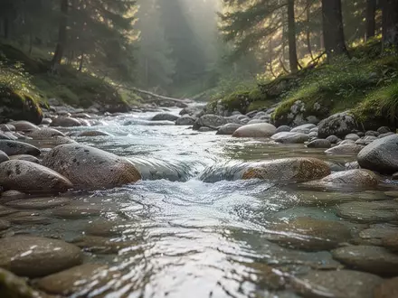 Klares Gebirgsgewässer fließt über glatte Flusskiesel in einer unberührten Waldlandschaft. - Foto: über boerse-global.de