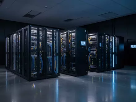 Moderne, dunkle Serverräume mit blauer Beleuchtung in einer Telekommunikationsanlage. - Foto: über boerse-global.de