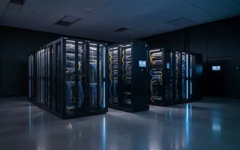 Moderne, dunkle Serverräume mit blauer Beleuchtung in einer Telekommunikationsanlage. - Foto: über boerse-global.de