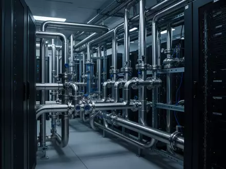 Industrielle Flüssigkühlanlage in einem modernen Rechenzentrum mit Metallrohren und dunklen Server-Racks. - Foto: über boerse-global.de